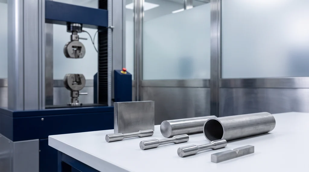 Steel products on a workbench, a thick plate, a round bar and a tube, with machined tensile specimens and a V-notched bar in front, and a universal testing machine in the background