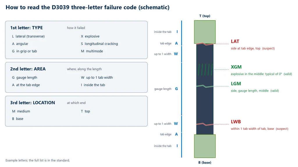 Diagram of the ASTM D3039 three-letter failure code: first letter the type (L lateral, X explosive, A angled, S long splitting, G grip/tab, M multi-mode), second the area (G gage, W within one width of the tab, A at the tab edge, I inside the tab), third the location (M middle, T top, B bottom), with a vertical specimen marking the areas and the valid examples LGM and XGM and the suspect examples LAT and LWB