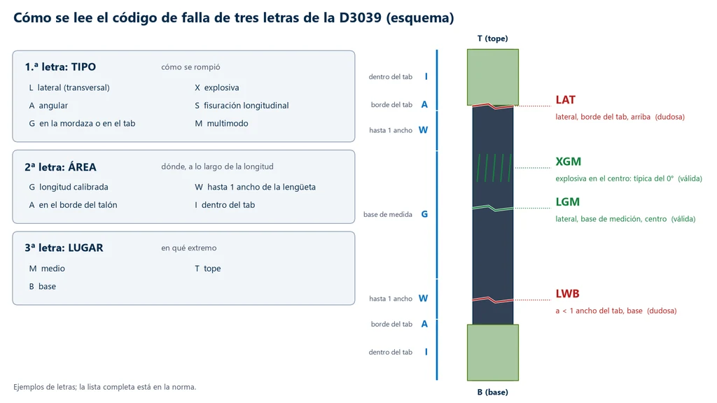 Esquema del código de falla de tres letras de la ASTM D3039: primera letra el tipo (L lateral, X explosiva, A angular, S agrietamiento longitudinal, G en la mordaza, M multimodo), segunda el área (G longitud calibrada, W a menos de un ancho del tab, A en el borde del tab, I dentro del tab), tercera la ubicación (M medio, T parte superior, B parte inferior), con una probeta vertical que marca las áreas y los ejemplos LGM y XGM válidos y LAT y LWB sospechosos
