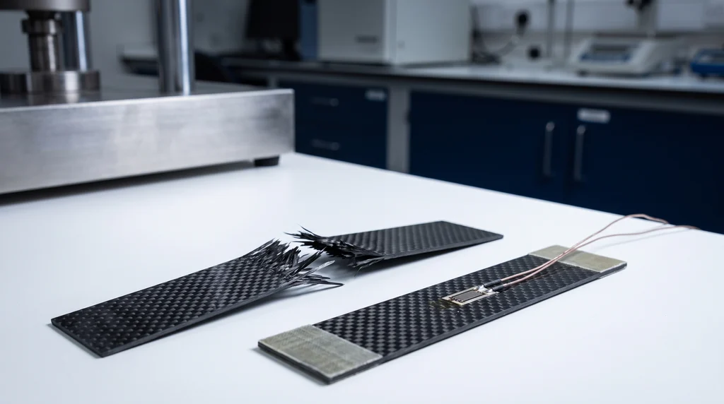 Two rectangular carbon fiber composite test specimens with tabs at the ends: one fractured in the middle with splintered fibers and the other intact with a strain gauge bonded at the center