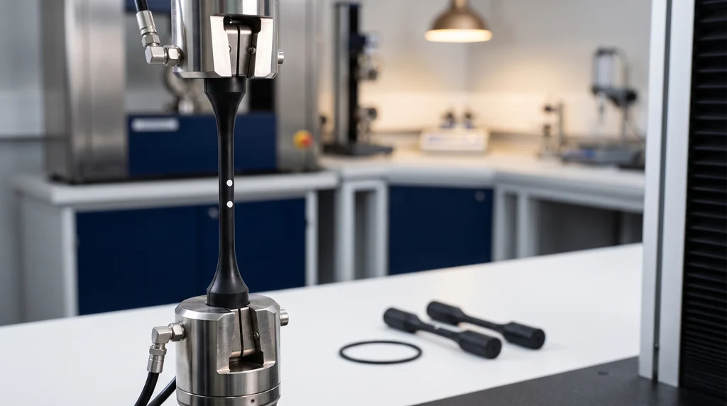 Dumbbell rubber test specimen stretched between the pneumatic grips of the testing machine, with two white marks on the narrow section; on the bench, two untested dumbbells and a rubber ring