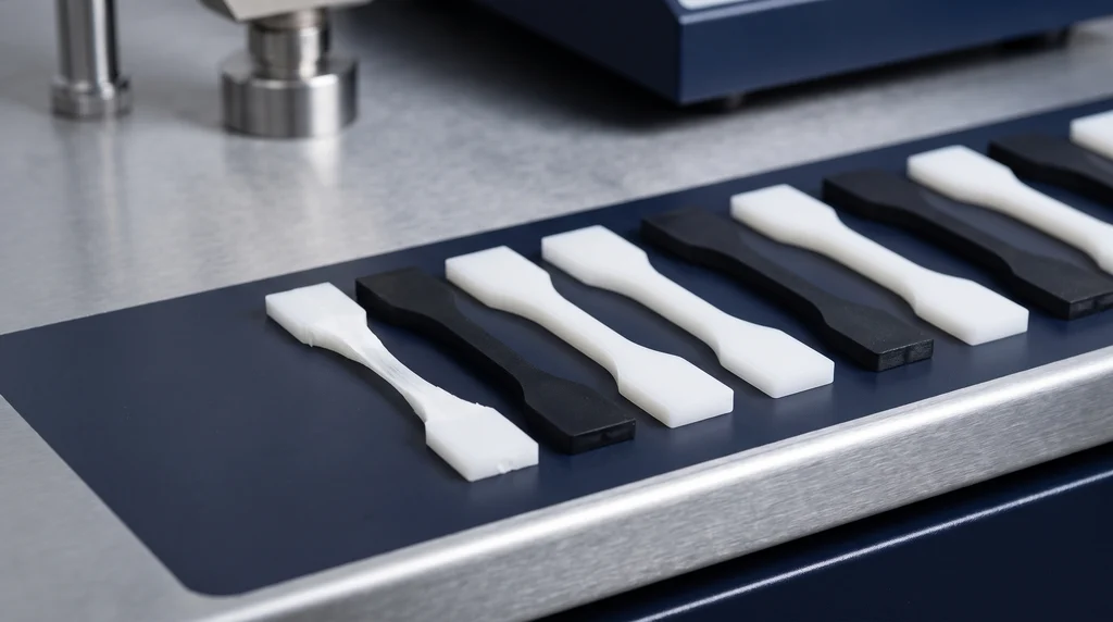 Row of white and black dog-bone plastic test specimens on a laboratory bench