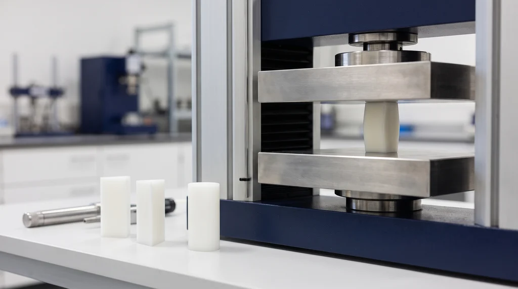 White plastic prism compressed between two steel platens of a universal testing machine, slightly barreled in the middle, with prisms and a cylinder of the same material on the bench