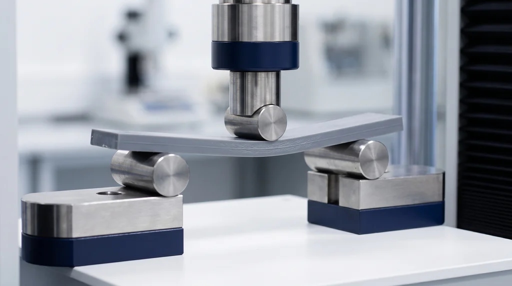 Plastic bar resting on two steel rollers and loaded at the center by a third roller, slightly bent