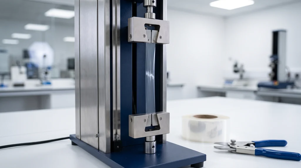 Strip of clear plastic film held between two flat-faced grips on a single-column testing machine, with a roll of the same film and a strip cutter on the bench