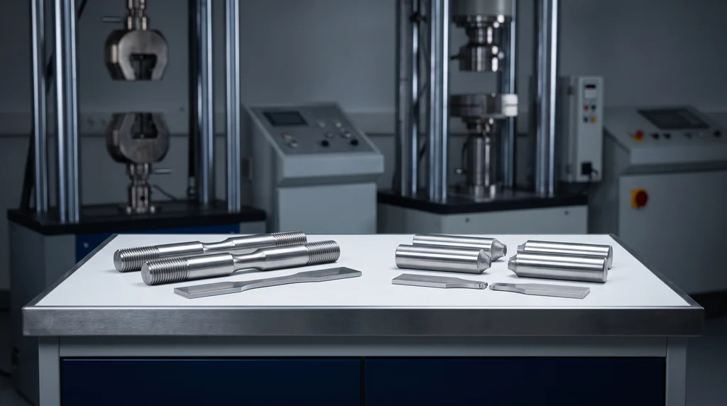 Machined metal tensile test specimens, round with threaded ends and flat, on a workbench with testing machines in the background
