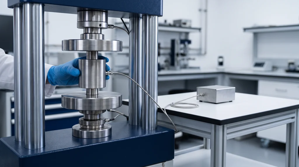 Force reference instrument centered between the compression platens of a twin-column universal testing machine, connected by cable to a separate indicator, during calibration