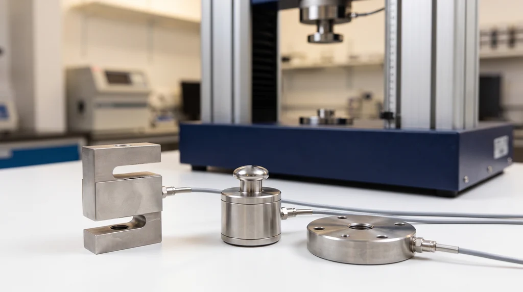 Three stainless steel load cells on the bench: an S-type, a compression load cell with a domed button and a pancake load cell with mounting holes, with a universal testing machine in the background
