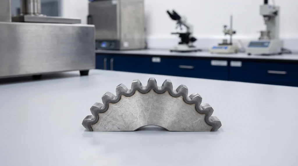 Polished and etched cross section of a steel gear, with a darker band following the profile of each tooth