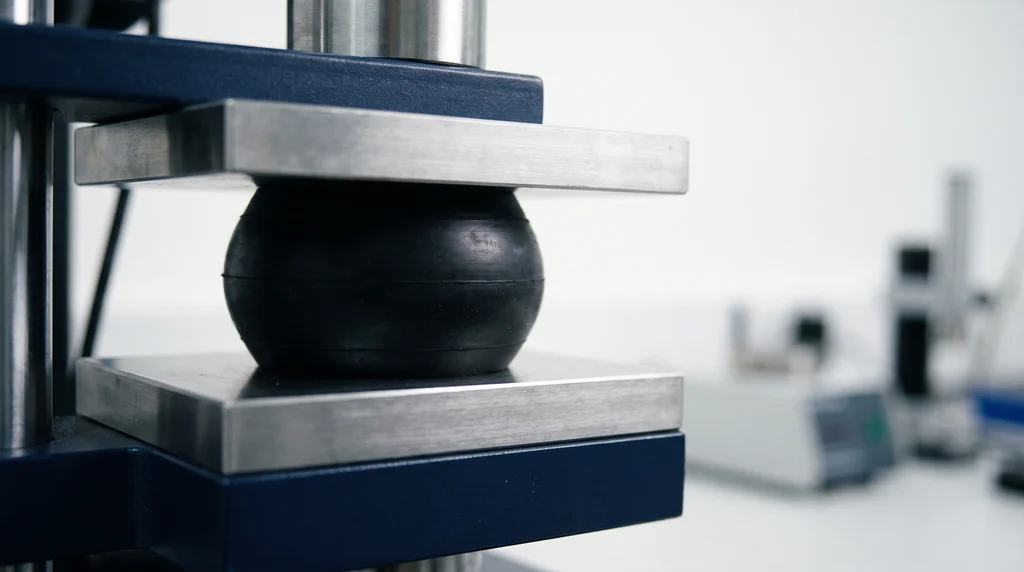 Rubber cylinder compressed between two steel plates, shortened and bulging at the sides