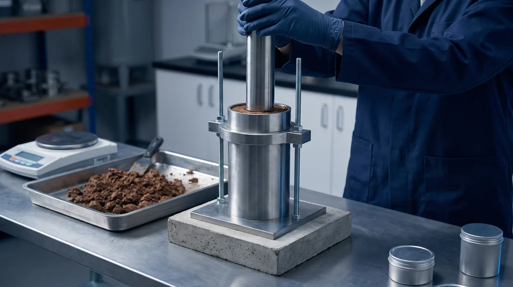 Proctor compaction test in the laboratory: manual rammer compacting moist soil in a cylindrical steel mold with collar, resting on a concrete block