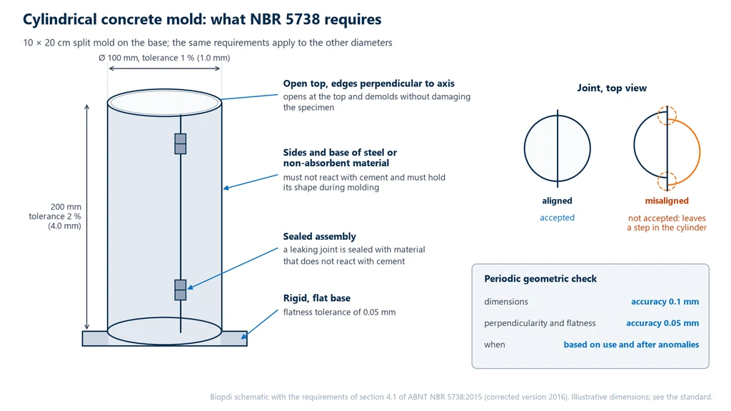 Diagram of a split 10 × 20 cm cylindrical mold on its base, with a 100 mm diameter and 1% tolerance, 200 mm height and 2% tolerance, open top with edges perpendicular to the axis, sides of steel or non-absorbent material, watertight joint, rigid base with 0.05 mm flatness, top view of the joint with aligned seam edges (accepted) and misaligned seam edges (not accepted), and a box on the periodic geometric check, with 0.1 mm accuracy on dimensions and 0.05 mm on perpendicularity and flatness