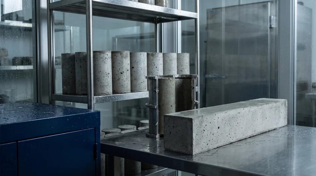 Cylindrical concrete test specimens curing on steel shelves in a moist room, next to an open steel mold and a prismatic specimen on the wet bench