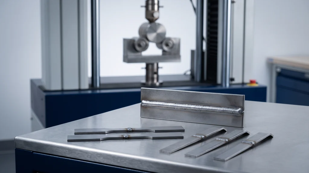Test coupon of two steel plates joined by a butt weld and, in front, tensile and bend test specimens cut transverse to the weld, with a universal testing machine and the bend fixture in the background