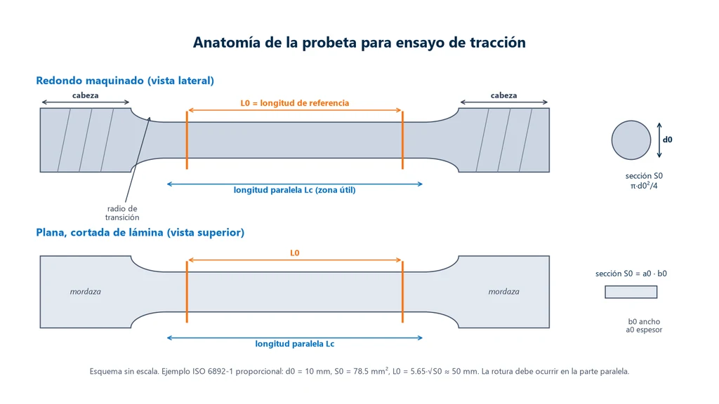 Esquema de dos probetas de tracción, una redonda maquinada con cabezas roscadas y una plana cortada de lámina, con las cabezas, el radio de transición, la parte paralela Lc, la longitud de referencia L0 marcada en naranja y las secciones S0 circular y rectangular