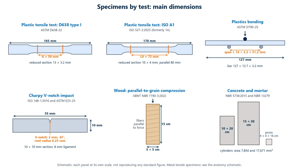 Chart with six test specimen diagrams and their main dimensions: ASTM D638 type I, 165 mm long with a 13 × 3.2 mm narrow section and G of 50 mm; ISO 527-2 A1, 170 mm long with a 10 × 4 mm section and L0 of 75 mm; ASTM D790 bar of 127 × 12.7 × 3.2 mm with a 51.2 mm span; Charpy specimen of 55 × 10 × 10 mm with a 2 mm, 45° V-notch with 0.25 mm radius; 5 × 5 × 15 cm wood prism; 10 × 20 and 15 × 30 cm concrete cylinders and 4 × 4 × 16 cm mortar prism