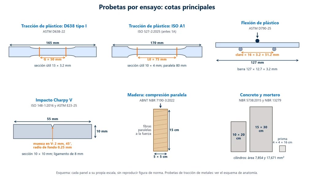 Probetas de metal y de plástico: cuadro con seis esquemas de probetas y sus cotas principales: ASTM D638 tipo I de 165 mm con sección útil de 13 × 3.2 mm y G de 50 mm; ISO 527-2 A1 de 170 mm con sección de 10 × 4 mm y L0 de 75 mm; barra de la ASTM D790 de 127 × 12.7 × 3.2 mm con claro de 51.2 mm; Charpy de 55 × 10 × 10 mm con muesca en V de 2 mm, 45° y radio de 0.25 mm; prisma de madera de 5 × 5 × 15 cm; cilindros de concreto de 10 × 20 y 15 × 30 cm y prisma de mortero de 4 × 4 × 16 cm