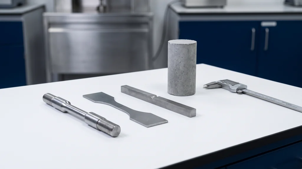 Test specimens on a workbench: a round steel specimen with threaded ends and reduced section, a dogbone-shaped flat sheet specimen, a steel bar with a V-notch and a concrete cylinder, next to a caliper