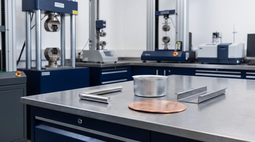 Cold-formed metal parts on a workbench: a bar bent to 90 degrees, a stamped aluminum cup, a flattened copper disc and a U-channel