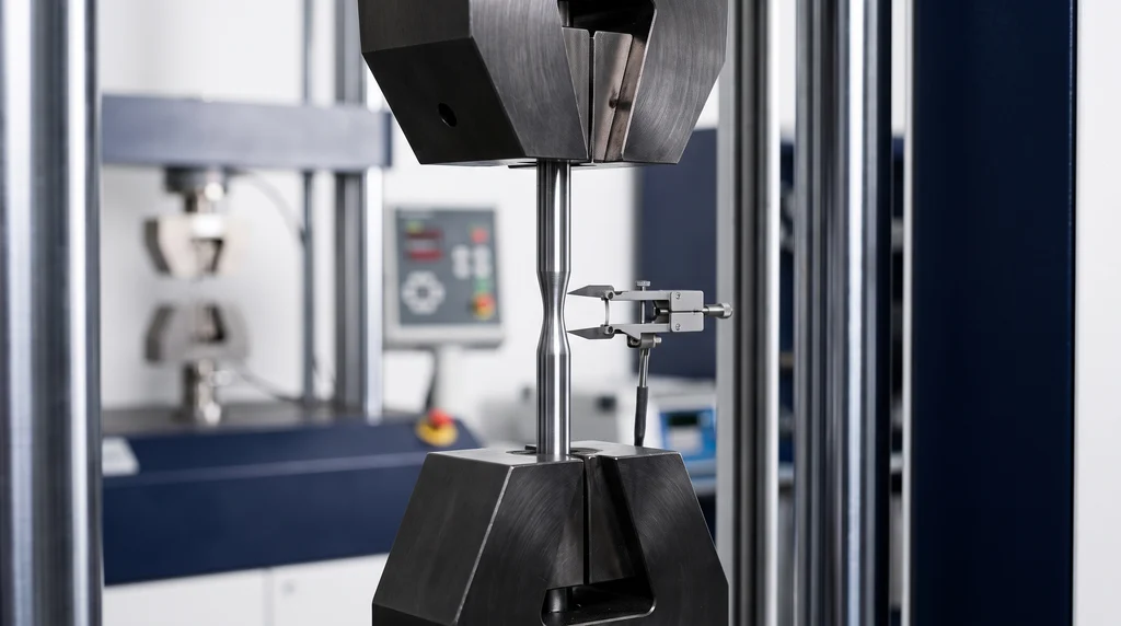 Steel test specimen held in the wedge grips of a universal testing machine, with an extensometer attached to the gauge section