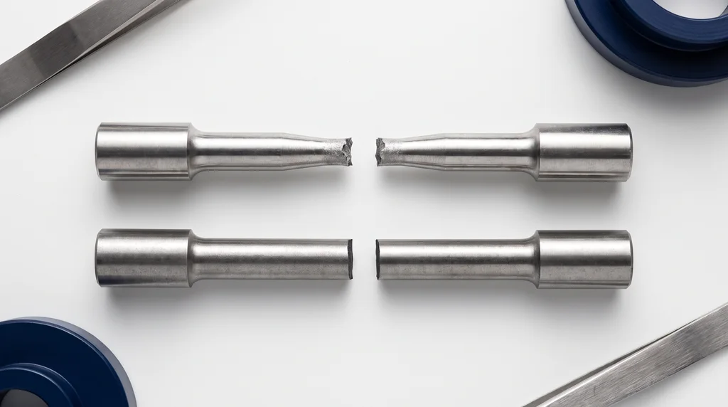 Two fractured tensile test specimens: on top, a ductile steel with pronounced necking at the fracture point; below, a brittle cast iron with a flat fracture and no necking