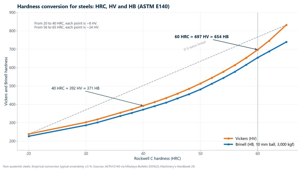 Hardness conversion chart for steels showing HV and HB as a function of HRC from 20 to 65, with 60 HRC equal to 697 HV and 654 HB