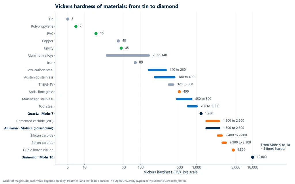 Chart of the Vickers hardness of materials on a logarithmic scale, from tin at 5 HV to diamond at 10,000 HV, with quartz, alumina and diamond marked on the Mohs scale