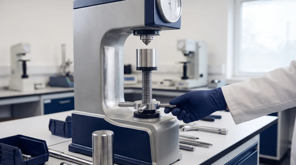 Benchtop Rockwell hardness tester with a conical diamond indenter over a cylindrical steel part