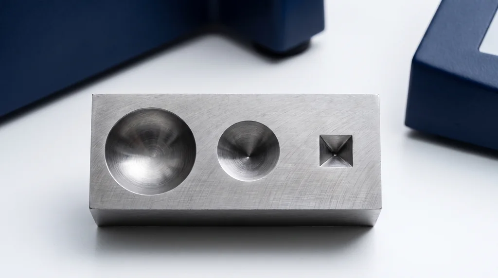 Steel block with three hardness indentations: Brinell spherical cap, Rockwell cone and Vickers square pyramid