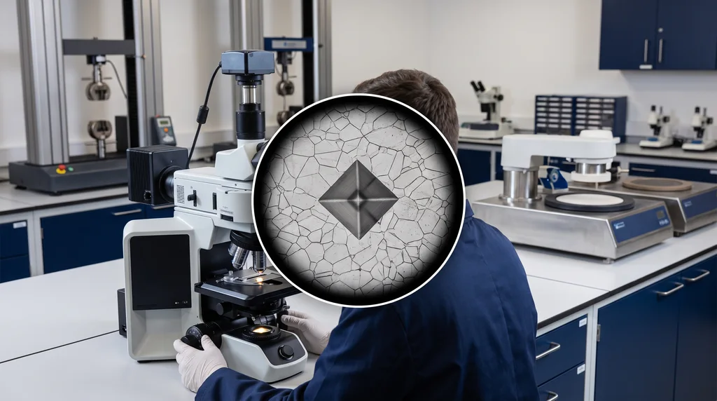 Diamond-shaped Vickers indentation seen under the microscope on polished and etched steel, with grain boundaries
