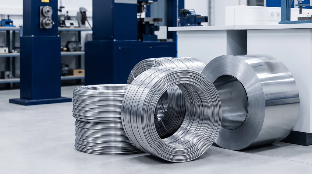 Coils of cold-drawn steel wire and a coil of cold-rolled steel strip