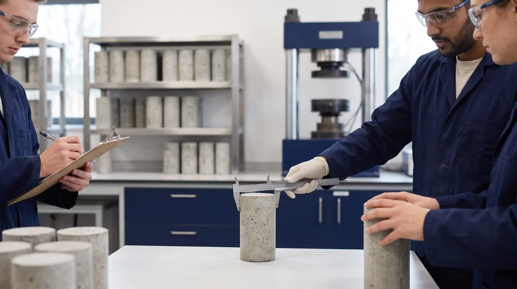 Civil engineering students in lab coats measuring a cylindrical concrete specimen with a caliper in the laboratory, with the compression testing machine in the background