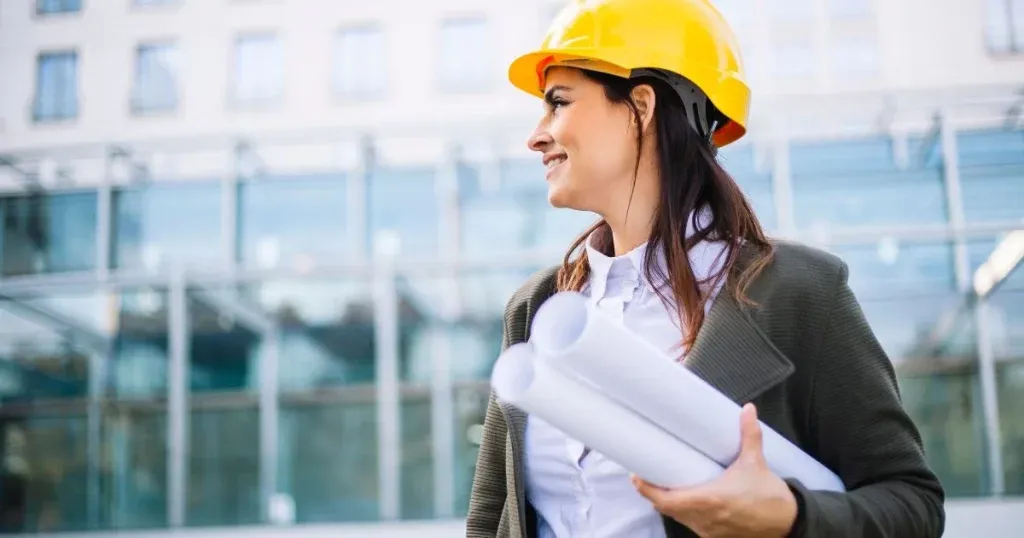 Smiling female civil engineer holding a set of construction drawings
