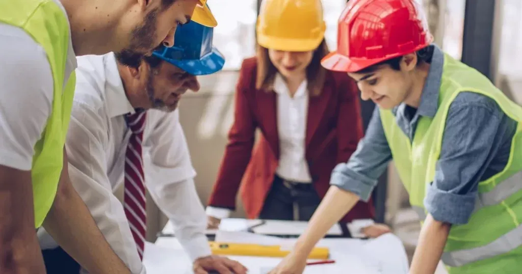 Team of engineers in hard hats discussing a project around a table