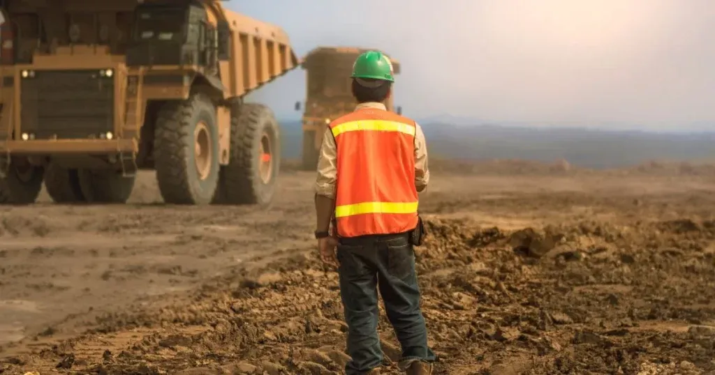 Engineer in a safety vest and hard hat at an earthworks site, in front of off-highway trucks
