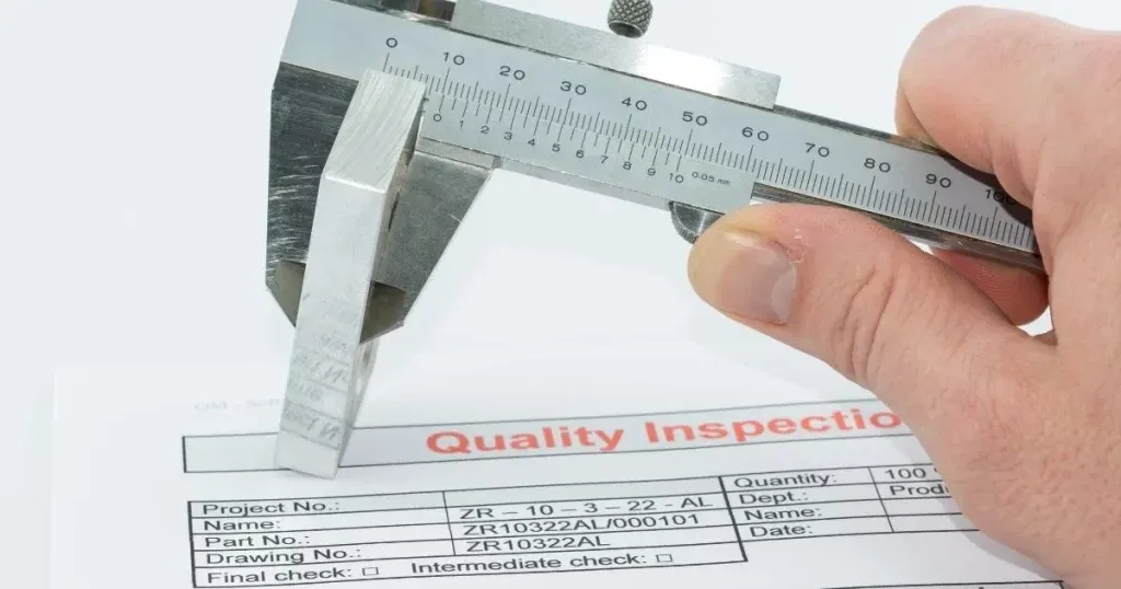 Hand holding a caliper measuring a metal part on a quality inspection sheet