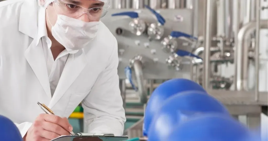 Professional in a lab coat, face mask and safety glasses writing on a clipboard while assessing an industrial production line