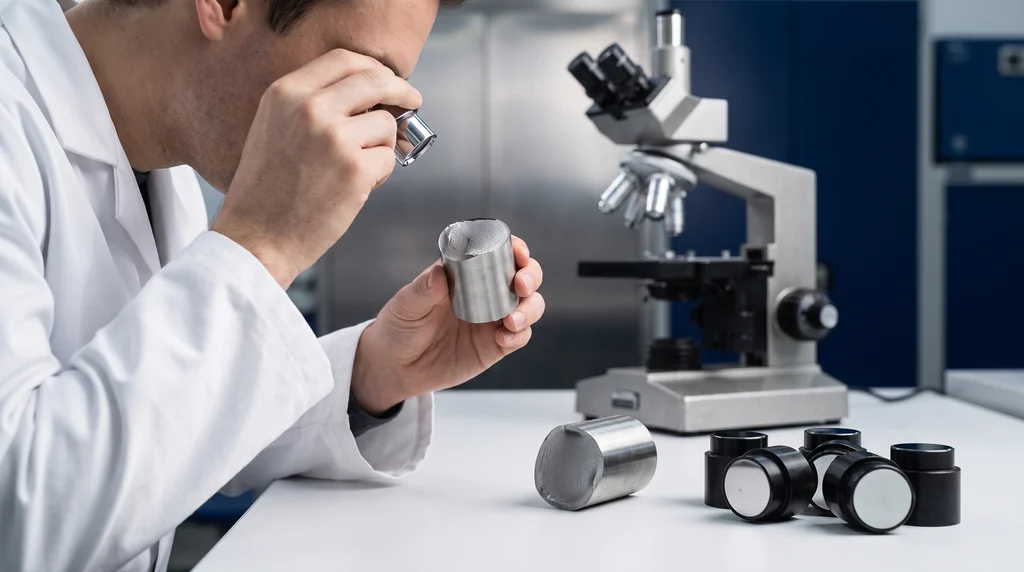 Materials engineer in a lab coat examines the fracture surface of a broken steel bar with a magnifying glass, with metallographic samples and a microscope on the bench