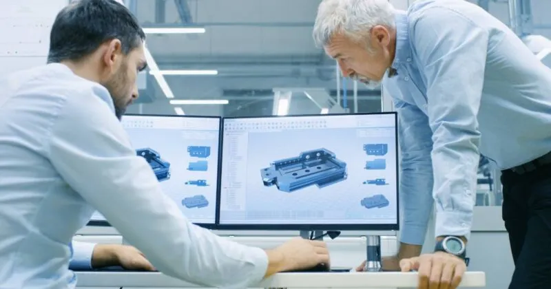 Two engineers analyze the 3D model of a mechanical part on computer monitors