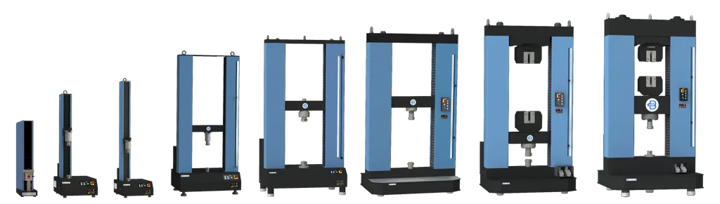 Biopdi M2 line of universal testing machines, from single-column models on the left to dual-column models on the right
