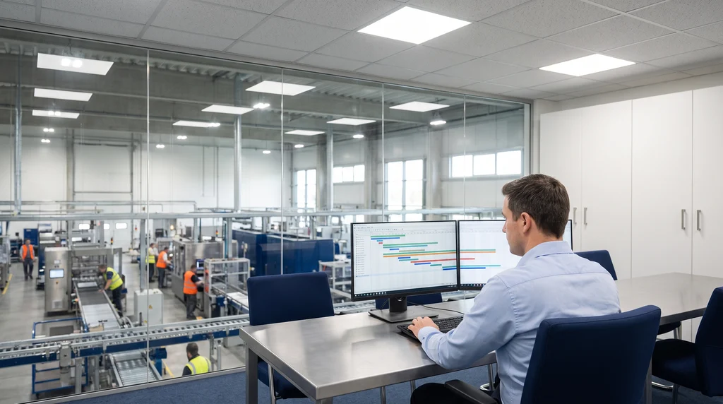 Industrial engineer in front of two monitors showing the production schedule as time bars, with the factory assembly line seen through a glass window