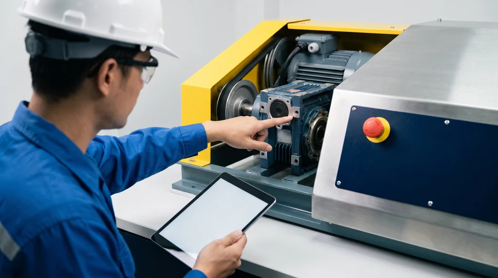 Mechanical engineer wearing a hard hat and safety glasses points at the gear reducer of a machine with its yellow guard open, showing the motor, belt and frame, with an emergency stop button on the panel