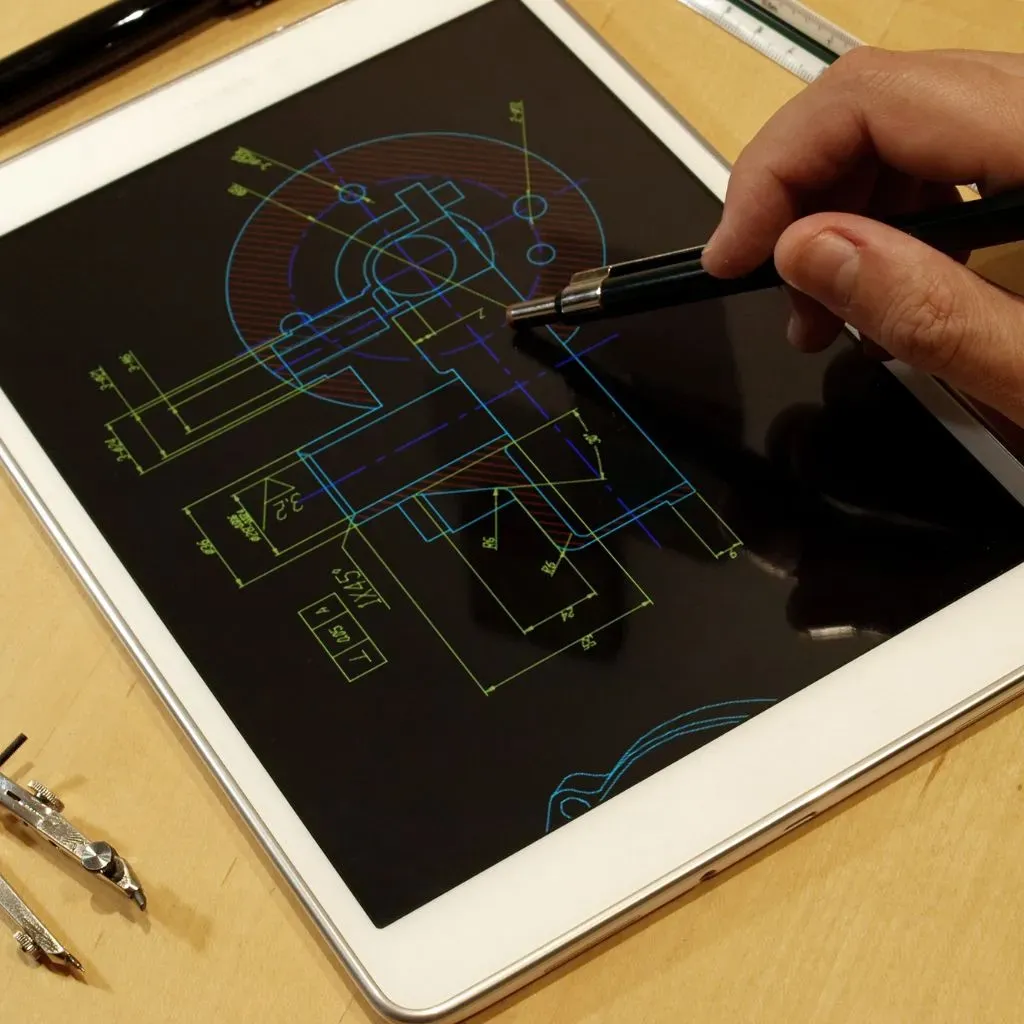 Technical drawing of a mechanical part, with dimensions and hatching, being reviewed on a tablet with a stylus