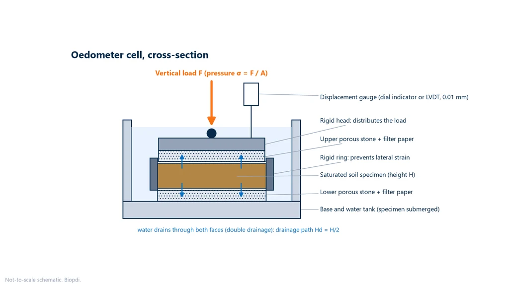 Cross-section diagram of the oedometer cell: saturated soil specimen inside a rigid ring, between porous stones and filter paper, with loading cap, vertical load, displacement gauge and arrows showing upward and downward drainage