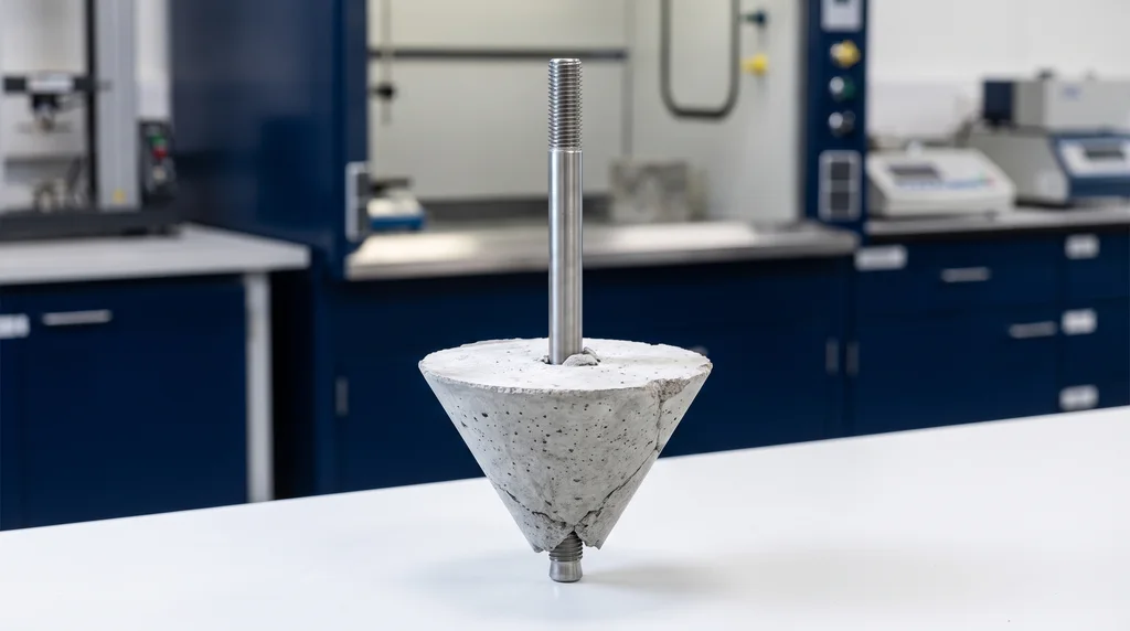 Steel anchor pulled out of concrete with a cone of concrete attached to its tip, wide at the face that was the surface and narrow at the embedded end