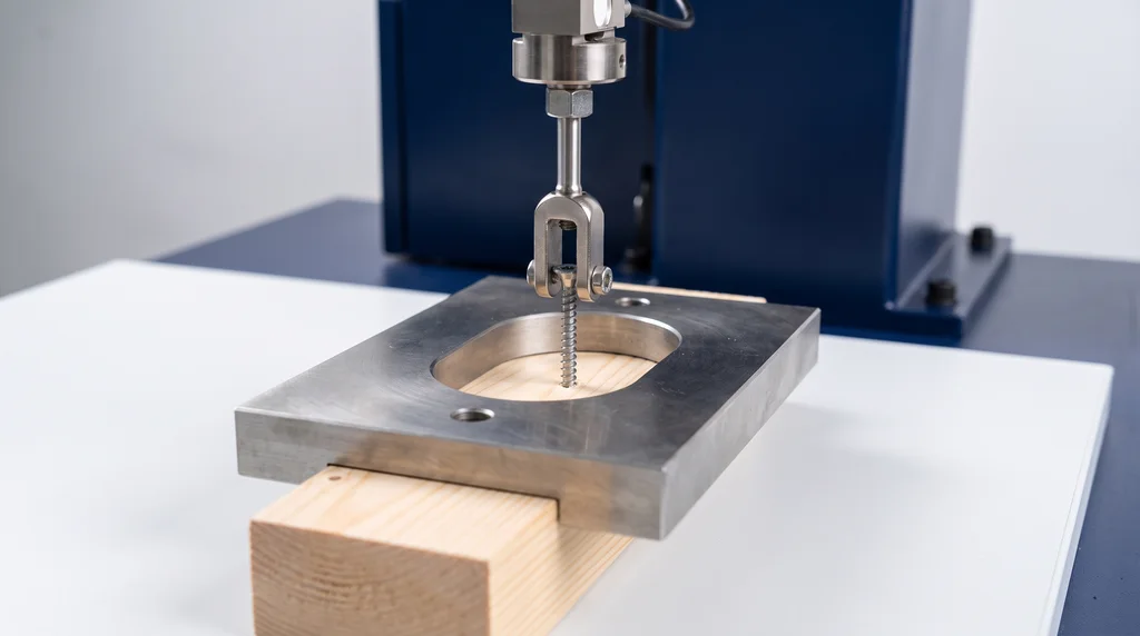 Screw pull-out test on a wood block in a universal testing machine, with the block held down by a plate and the screw head pulled by a fork