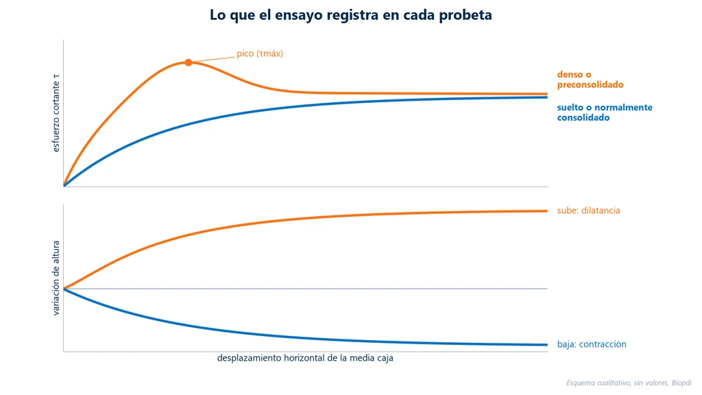 Esquema con dos gráficas: arriba, esfuerzo cortante contra desplazamiento horizontal, con pico seguido de caída en el suelo denso y subida continua hasta una meseta en el suelo suelto; abajo, la variación de altura, que aumenta en el suelo denso (dilatancia) y disminuye en el suelto (contracción)