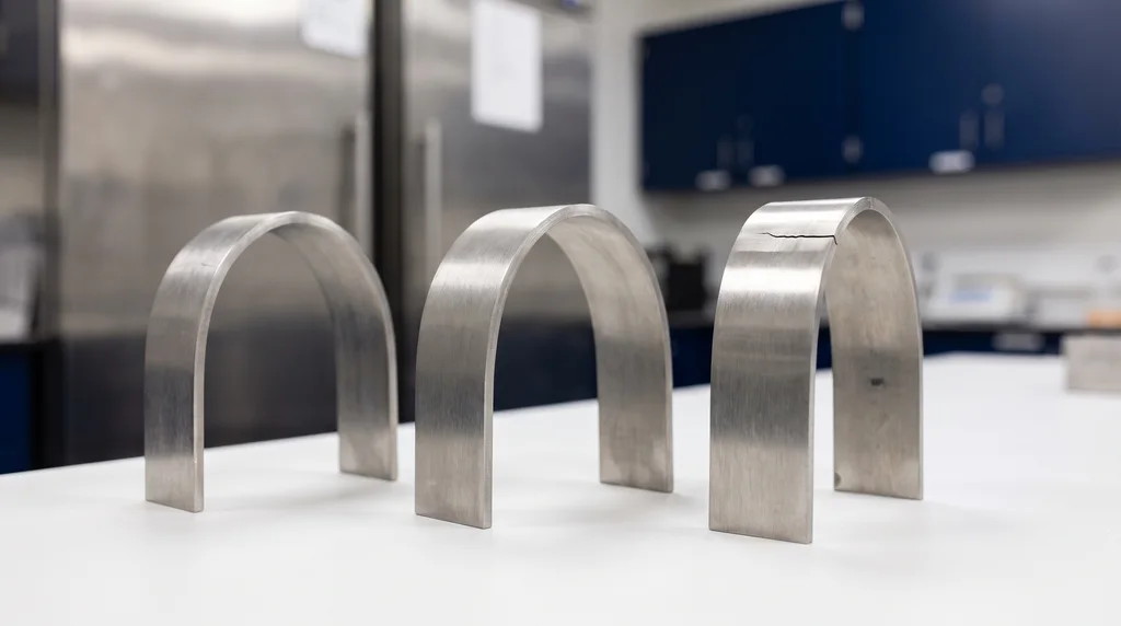 Ensayo de doblado según ASTM E290: tres probetas de acero dobladas a 180° en forma de arco después del ensayo de doblado, la de la derecha con una grieta abierta en la parte superior de la cara traccionada