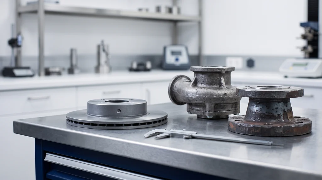 Cast iron brake disc and pump housing and a forged steel flange on the quality control bench, with a caliper in front