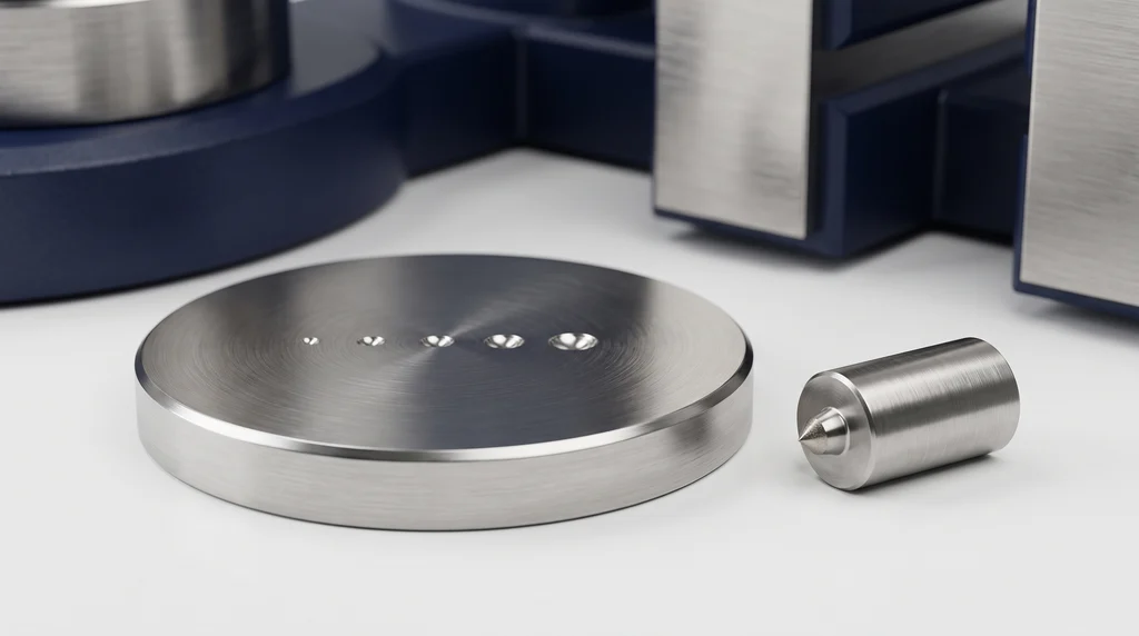 Polished steel hardness reference block with a row of small indentations, next to a conical indenter with a small tip